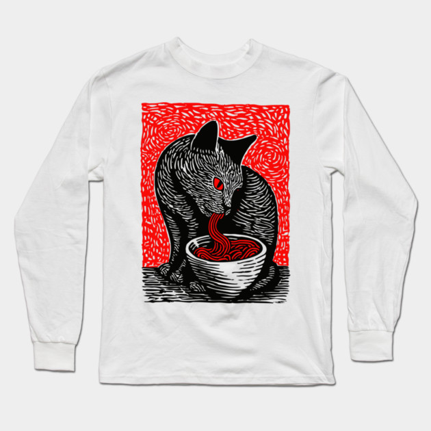 Tonkotsu Cat - Ramen Lover Linocut Long Sleeve T-Shirt by TuncGK