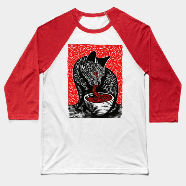Tonkotsu Cat - Ramen Lover Linocut Baseball T-Shirt by TuncGK