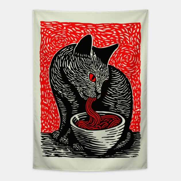 Tonkotsu Cat - Ramen Lover Linocut Tapestry by TuncGK