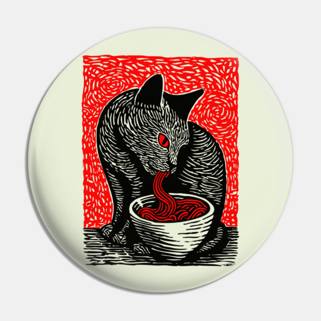 Tonkotsu Cat - Ramen Lover Linocut Pin by TuncGK