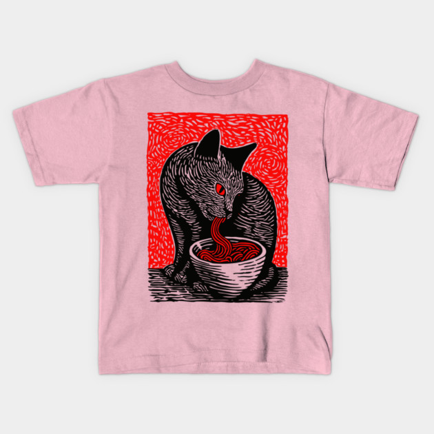 Tonkotsu Cat - Ramen Lover Linocut Kids T-Shirt by TuncGK