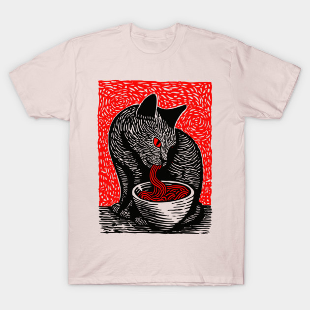 Tonkotsu Cat - Ramen Lover Linocut T-Shirt by TuncGK
