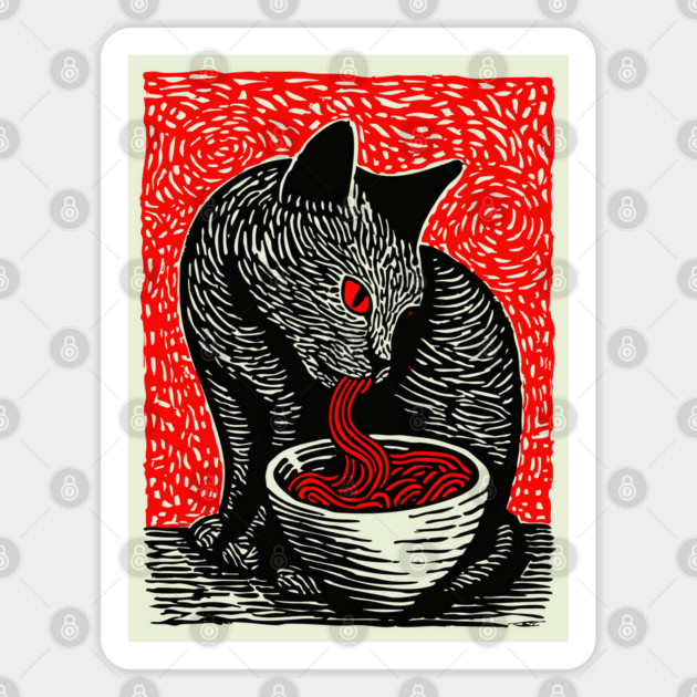 Tonkotsu Cat - Ramen Lover Linocut Sticker by TuncGK