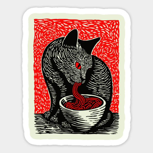 Tonkotsu Cat - Ramen Lover Linocut Magnet by TuncGK