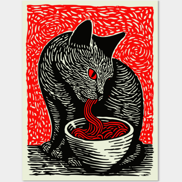Tonkotsu Cat - Ramen Lover Linocut Wall Art by TuncGK