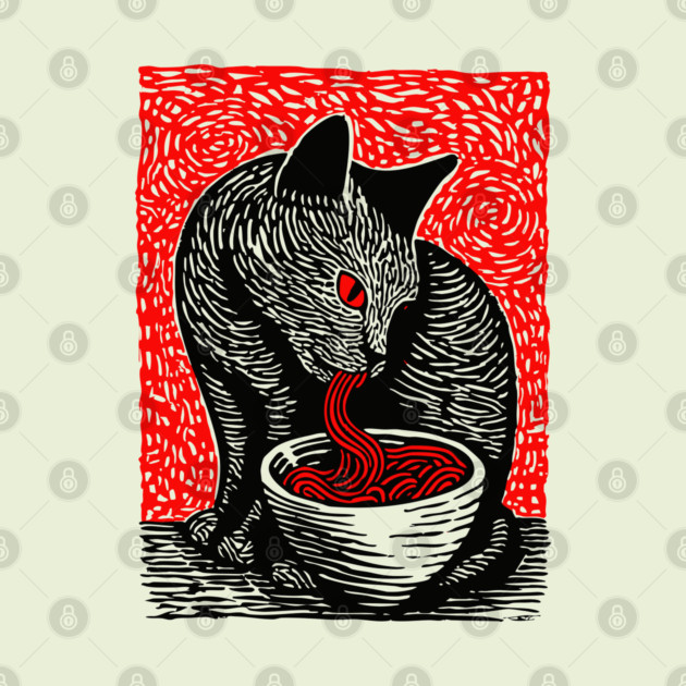 Tonkotsu Cat - Ramen Lover Linocut by TuncGK