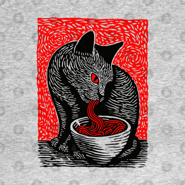 Tonkotsu Cat - Ramen Lover Linocut by TuncGK