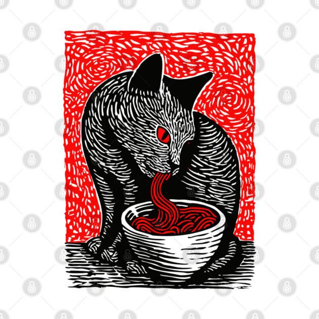 Tonkotsu Cat - Ramen Lover Linocut by TuncGK