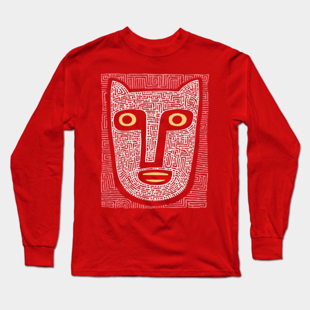 Feline Spirit - Abstract Folk Art Mask Long Sleeve T-Shirt by TuncGK