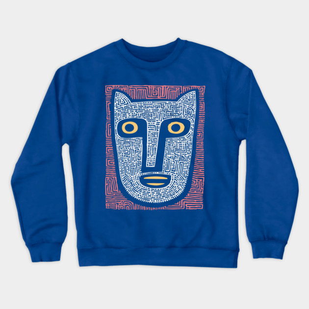 Feline Spirit - Abstract Folk Art Mask Crewneck Sweatshirt by TuncGK
