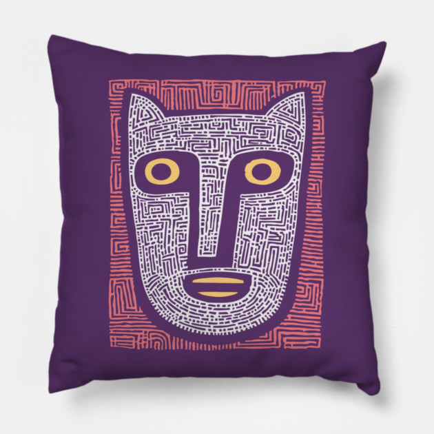 Feline Spirit - Abstract Folk Art Mask Pillow by TuncGK