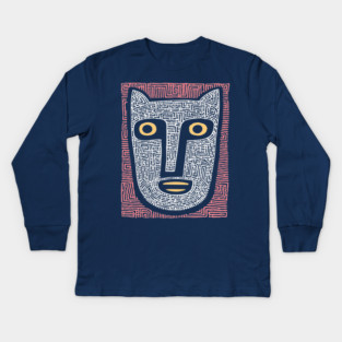 Feline Spirit - Abstract Folk Art Mask Kids Long Sleeve T-Shirt