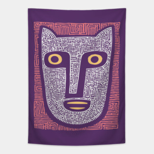 Feline Spirit - Abstract Folk Art Mask Tapestry