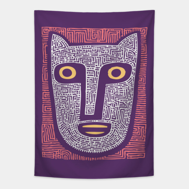 Feline Spirit - Abstract Folk Art Mask Tapestry by TuncGK