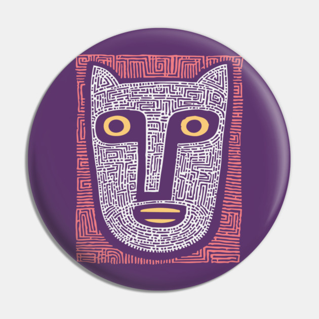 Feline Spirit - Abstract Folk Art Mask Pin by TuncGK