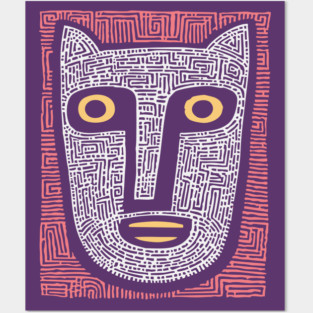 Feline Spirit - Abstract Folk Art Mask Posters and Art