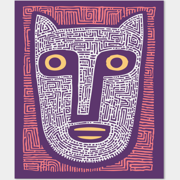 Feline Spirit - Abstract Folk Art Mask Wall Art by TuncGK