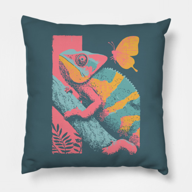 Chromatic Chameleon - Retro Reptile Art Pillow by TuncGK