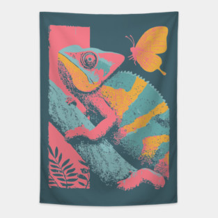 Chromatic Chameleon - Retro Reptile Art Tapestry