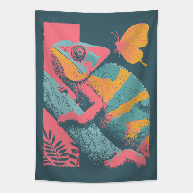 Chromatic Chameleon - Retro Reptile Art Tapestry by TuncGK
