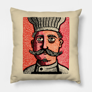 The Mustachioed Chef - Kitchen Folk Art Pillow