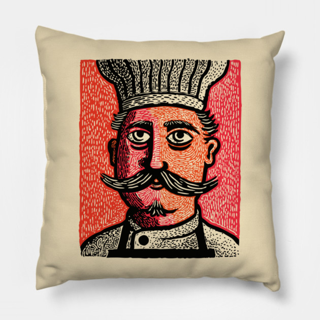 The Mustachioed Chef - Kitchen Folk Art Pillow by TuncGK