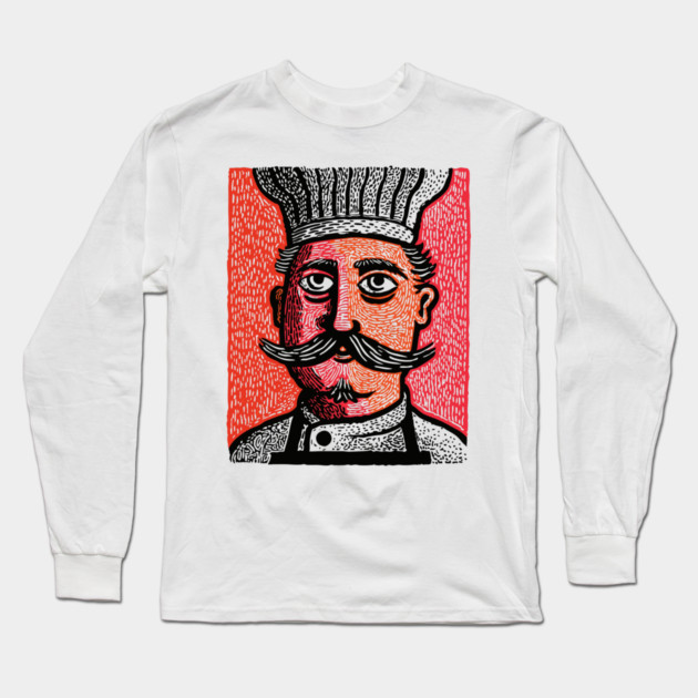 The Mustachioed Chef - Kitchen Folk Art Long Sleeve T-Shirt by TuncGK