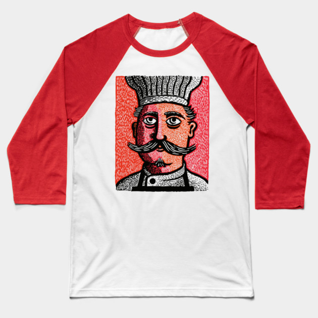 The Mustachioed Chef - Kitchen Folk Art Baseball T-Shirt by TuncGK