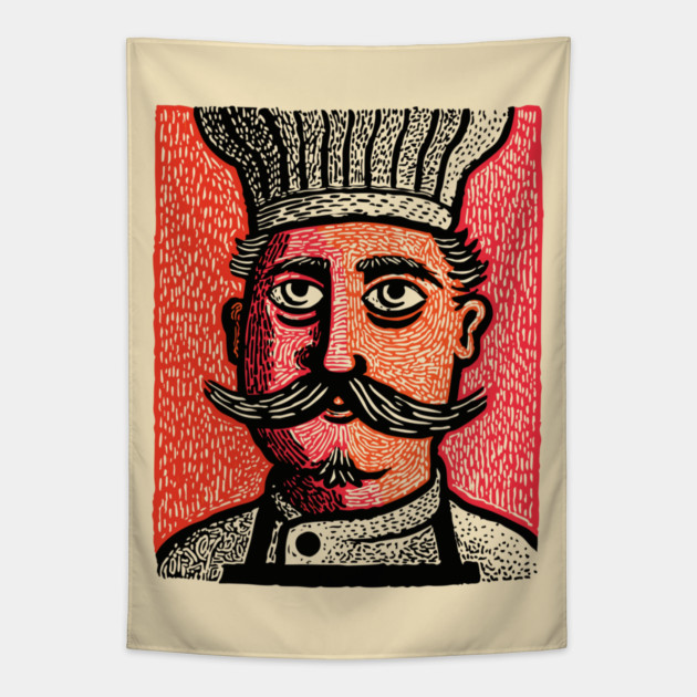 The Mustachioed Chef - Kitchen Folk Art Tapestry by TuncGK