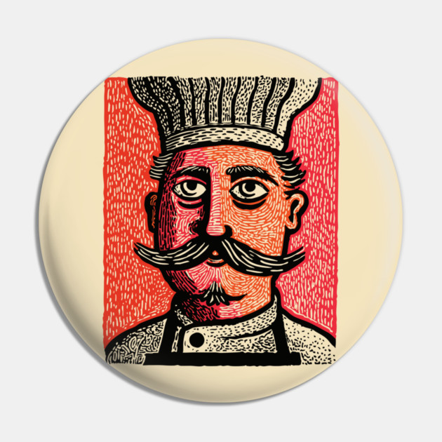 The Mustachioed Chef - Kitchen Folk Art Pin by TuncGK