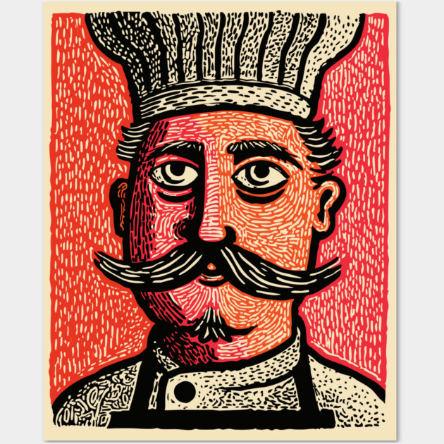 The Mustachioed Chef - Kitchen Folk Art Wall Art by TuncGK