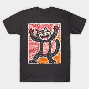 Manic Cat - Playful Linocut Feline T-Shirt