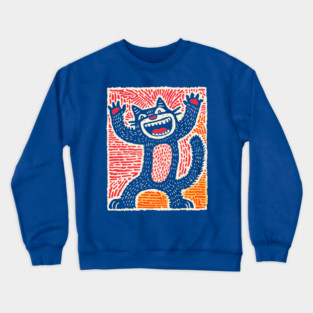 Manic Cat - Playful Linocut Feline Crewneck Sweatshirt