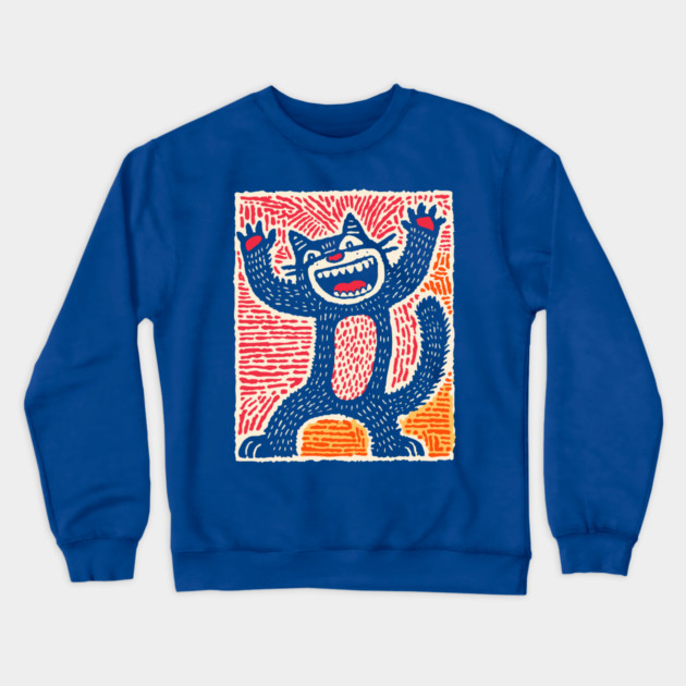Manic Cat - Playful Linocut Feline Crewneck Sweatshirt by TuncGK