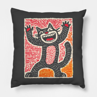 Manic Cat - Playful Linocut Feline Pillow