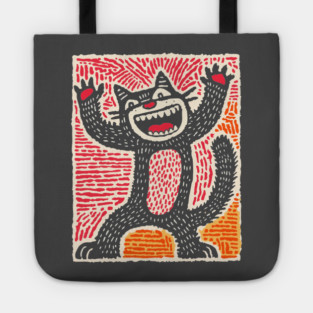 Manic Cat - Playful Linocut Feline Tote