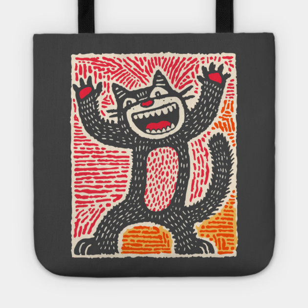 Manic Cat - Playful Linocut Feline Tote by TuncGK