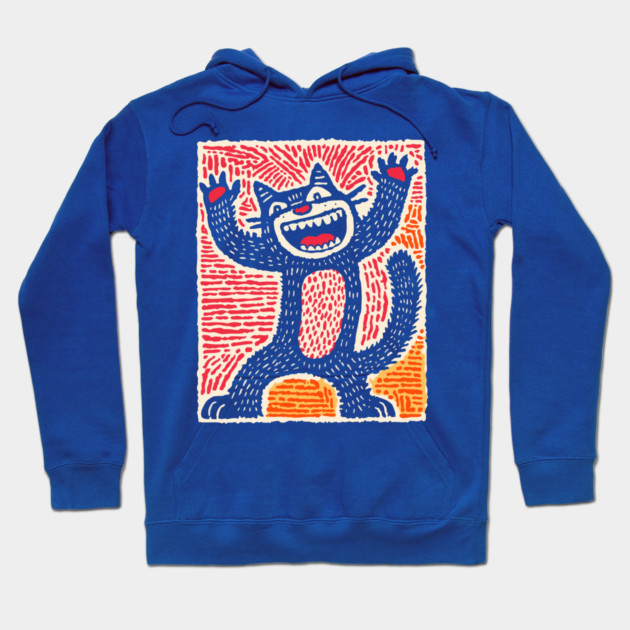 Manic Cat - Playful Linocut Feline Hoodie by TuncGK