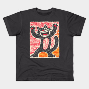 Manic Cat - Playful Linocut Feline Kids T-Shirt