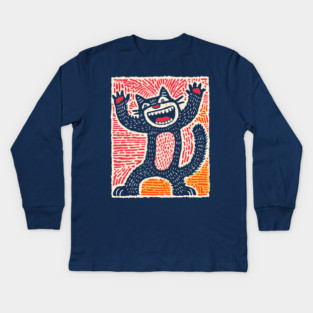 Manic Cat - Playful Linocut Feline Kids Long Sleeve T-Shirt
