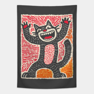 Manic Cat - Playful Linocut Feline Tapestry