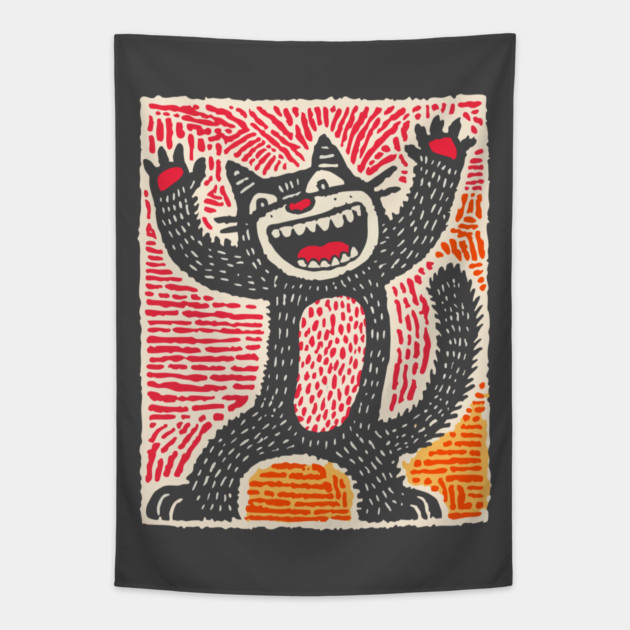 Manic Cat - Playful Linocut Feline Tapestry by TuncGK
