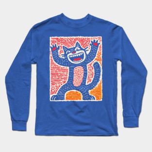 Manic Cat - Playful Linocut Feline Long Sleeve T-Shirt