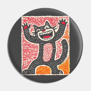 Manic Cat - Playful Linocut Feline Pin