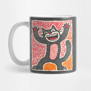 Manic Cat - Playful Linocut Feline Mug