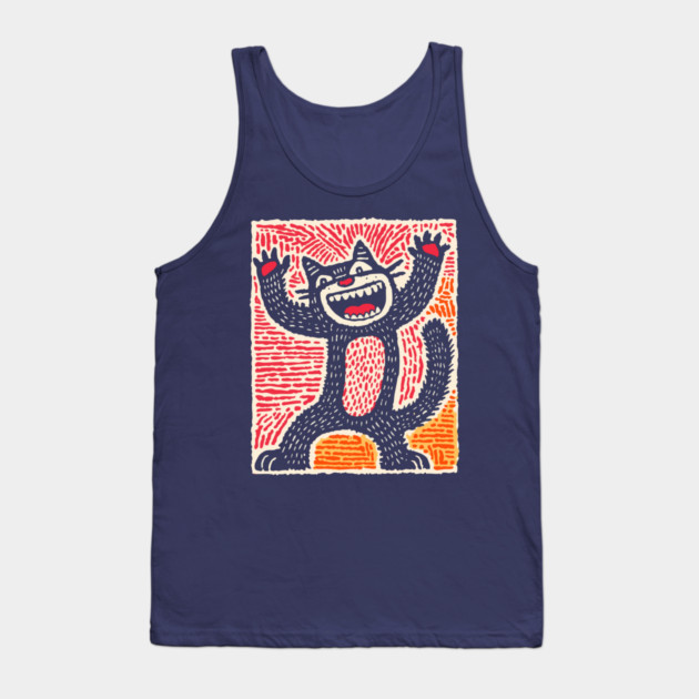 Manic Cat - Playful Linocut Feline Tank Top by TuncGK