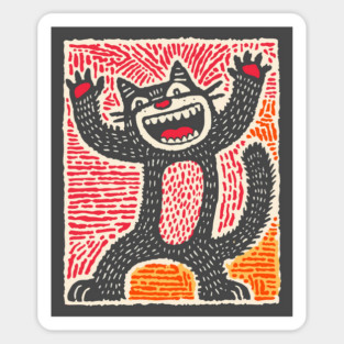 Manic Cat - Playful Linocut Feline Sticker