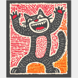 Manic Cat - Playful Linocut Feline Posters and Art