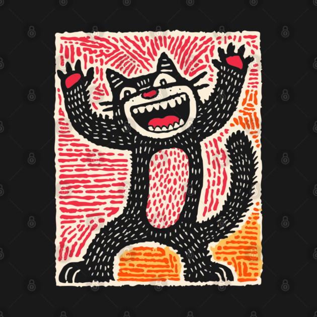 Manic Cat - Playful Linocut Feline by TuncGK