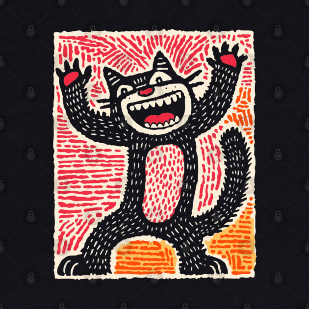 Manic Cat - Playful Linocut Feline by TuncGK